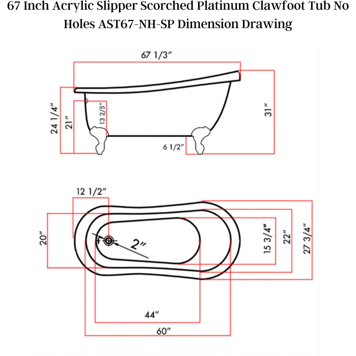 Cambridge Plumbing Hand Painted Scorched Platinum Acrylic Slipper Bathtub - Dimension Drawing - Vital Hydrotherapy