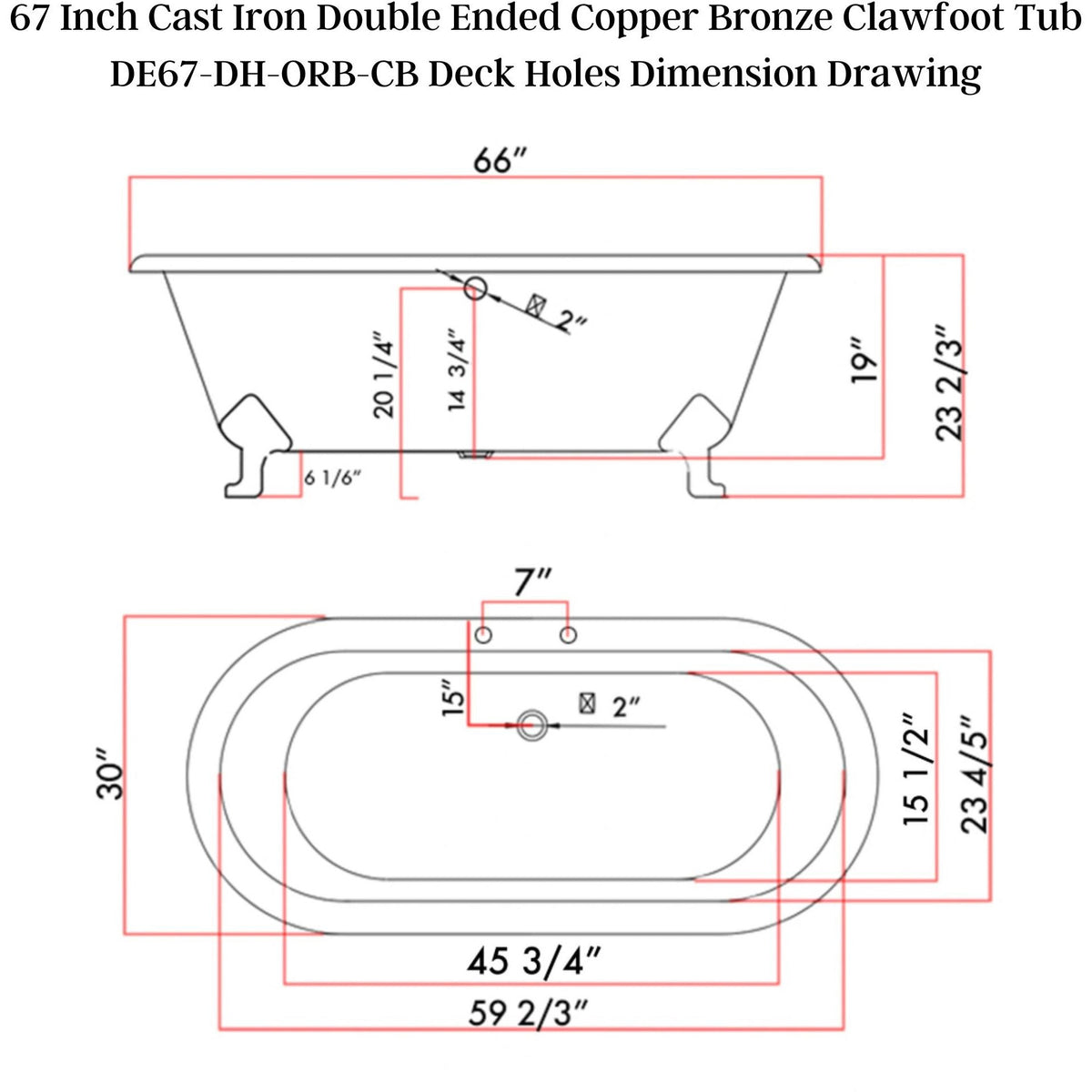 Cambridge Plumbing 67”x30" Faux Copper Bronze Finish on Exterior Cast Iron Clawfoot Bathtub - Dimension Drawing - Vital Hydrotherapy