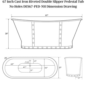 Cambridge Plumbing 66-Inch Double Slipper Cast Iron Soaking Skirted Bathtub Dimension Drawing