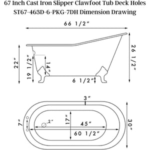 Cambridge Plumbing 67-Inch Slipper Cast Iron Clawfoot Tub Dimension Drawing