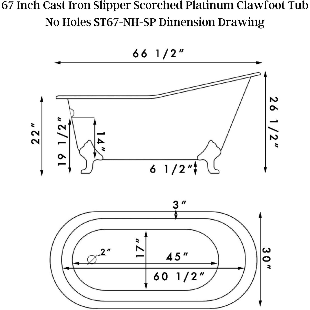 Cambridge Plumbing 67” x 30” Slipper Scorched Platinum Cast Iron Bathtub - Dimension Drawing - Vital Hydrotherapy