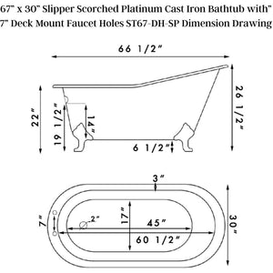 Cambridge Plumbing 67” x 30” Slipper Scorched Platinum Cast Iron Bathtub - Dimension Drawing - Vital Hydrotherapy