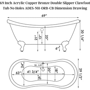 Cambridge Plumbing Double Slipper Hand Painted Acrylic Clawfoot Bathtub - Dimension Drawing - Vital Hydrotherapy