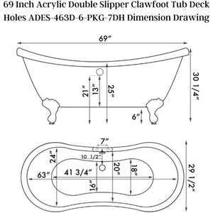 Cambridge Plumbing Double Slipper Acrylic Clawfoot Bathtub and Complete Plumbing Package ADES-463D-6-PKG-7DH - Dimension Drawing - Vital Hydrotherapy