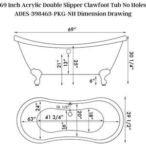 Cambridge Plumbing Double Slipper Acrylic Clawfoot Soaking Tub - Dimension Drawing