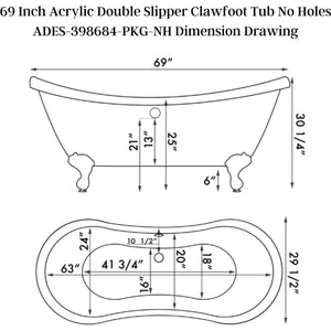 Cambridge Plumbing Double Slipper Acrylic Clawfoot Soaking Tub  Dimension Drawing