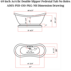 Cambridge Plumbing Double Slipper Acrylic Pedestal Soaking Tub Dimension Drawing
