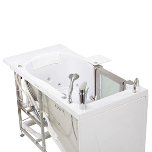 Ella Petite 28"x52" Acrylic Hydro Massage Walk-In Bathtub with Swing Door, 2 Fast Fill Faucet, 2" Dual Drain, with Brushed stainless steel and frosted tempered glass door with an extended lever lock. Left inward swing door, 1 stainless steel grab bar, Cast acrylic high gloss finish, fiberglass gel-coat reinforced Rugged stainless steel frame Walk-In Bathtub 