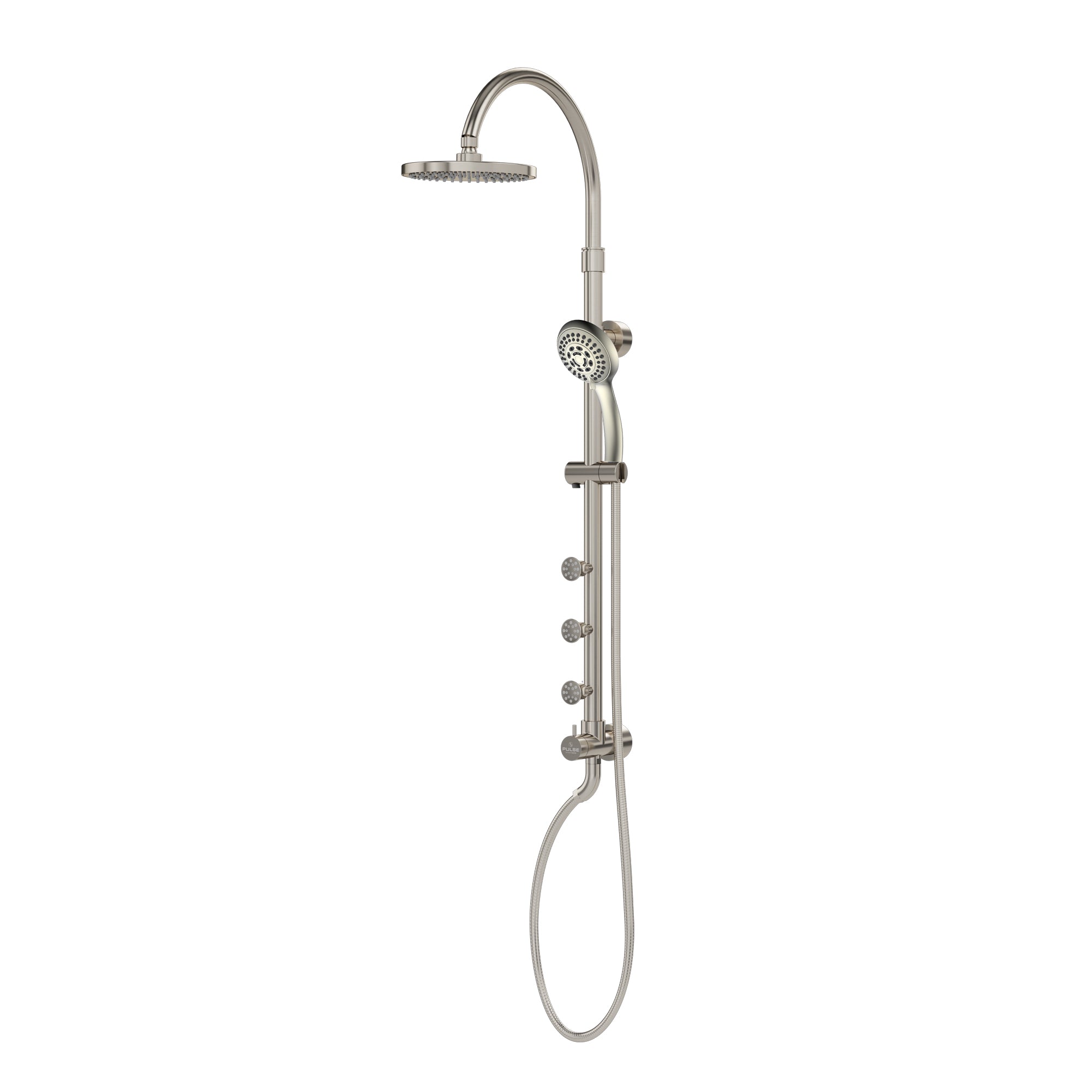 PULSE ShowerSpas Shower System - Riviera Shower System - with 8 inch rain showerhead with soft tips, Five-function hand shower with 59 inch double-interlocking stainless steel hose, Slide bar, Three body jets and diverter - Brushed Nickel - 7001 - Vital Hydrotherapy
