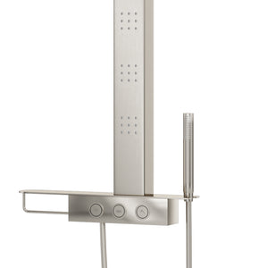 PULSE ShowerSpas Brushed Stainless Steel Shower System - Paradise Shower System with chrome fixtures - Body jets, shelf with washcloth and brass wand holder and Push button diverter - 7002-SSB