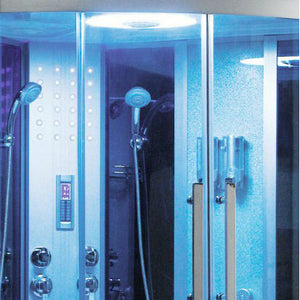 Mesa 701A Blue Glass Steam Shower Tub Combo blue tinted glass with 2 adjustable handheld shower heads, massage jets and an adjustable digital temperature and time control and an overhead LED lighting