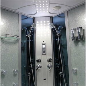 Mesa 701A Blue Glass Steam Shower with 2 adjustable handheld shower heads, massage jets, massage jets, storage rack, adjustable digital temperature and time control and an overhead LED lighting