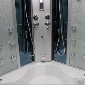 Mesa 701A Blue Glass Steam Shower Tub Combo with jetted tub, massage jets, and an adjustable digital temperature and time control