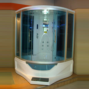 Mesa 702A Steam Shower combination steam shower with jetted tub sliding blue tinted glass with adjustable handheld showerhead, massage jets, storage rack and marble step front view