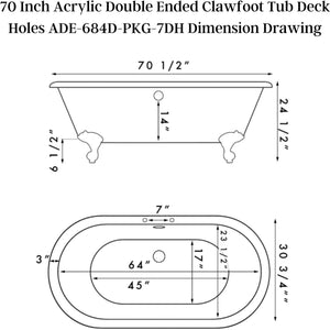 Cambridge Plumbing Double Ended Acrylic Clawfoot Soaking Tub Dimension Drawing