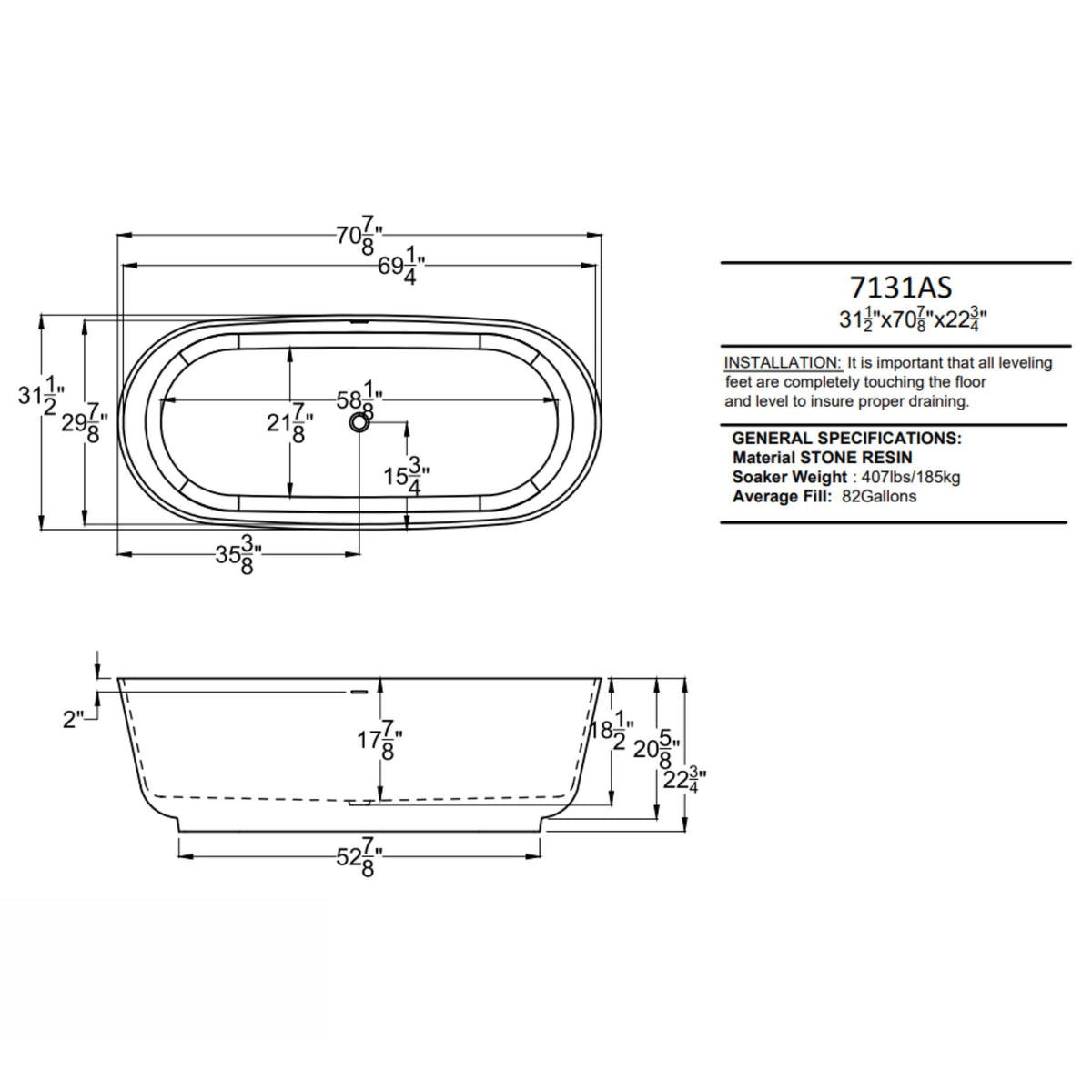 Atlantis Whirlpools Asaro 32 x 71 Oval Shape Artificial Stone Freestanding Bathtub 7131ASSXCWXX Dimension Drawing - Vital Hydrotherapy