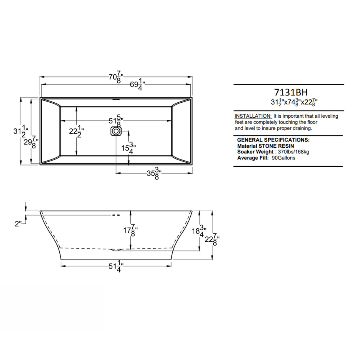 Atlantis Whirlpools Blythe 32 x 71 Rectangular shape Artificial Stone Freestanding Bathtub 7131BHSXCWXX Dimension Drawing - Vital Hydrotherapy