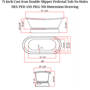 Cambridge Plumbing Double Slipper Cast Iron Pedestal Soaking Tub Dimension Drawing