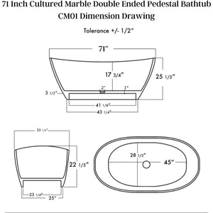Cambridge Plumbing 71-Inch Double Ended Cultured Marble Pedestal Tub - Dimension Drawing - Vital Hydrotherapy