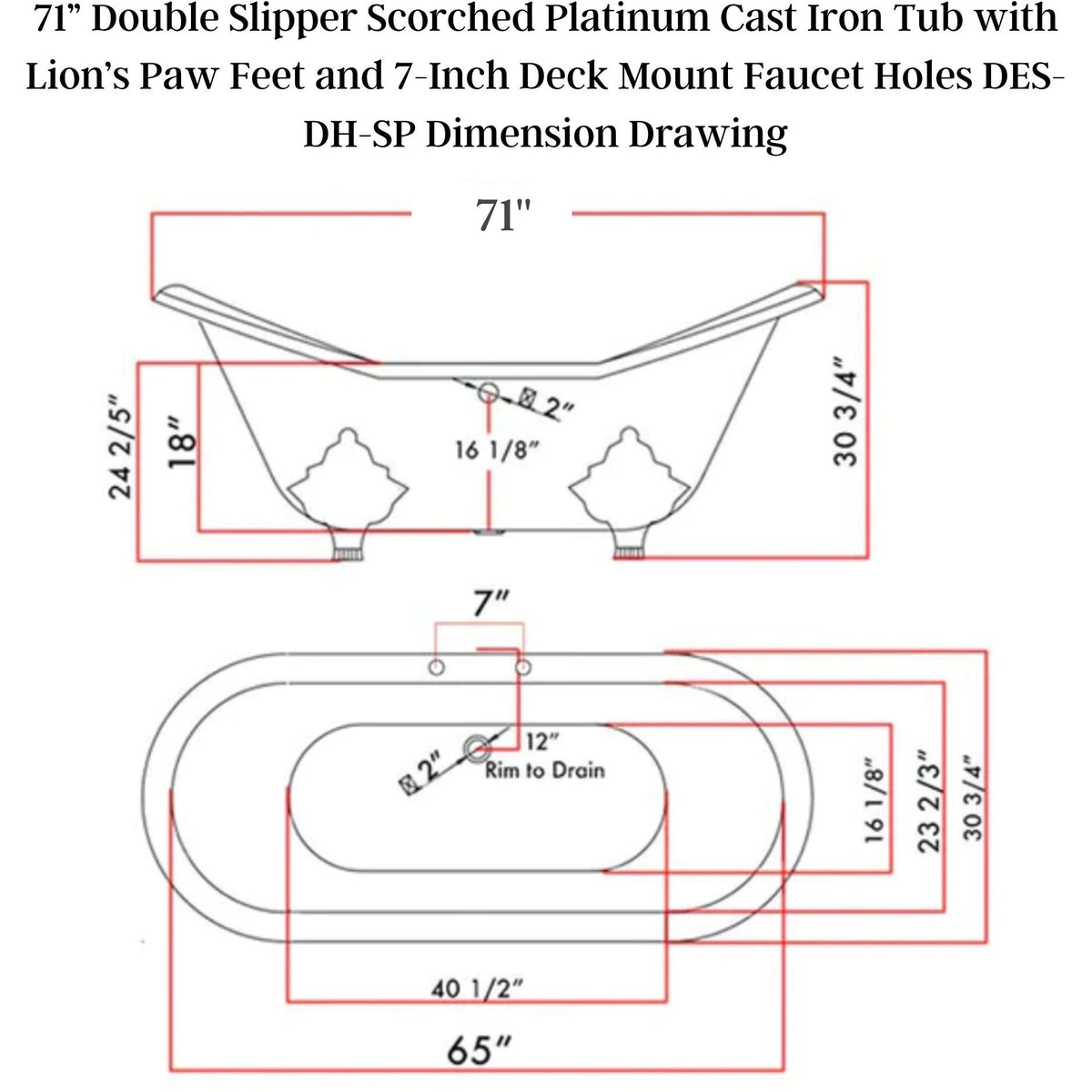 Cambridge Plumbing 71” Double Slipper Scorched Platinum Cast Iron Tub - Dimension Drawing - Vital Hydrotherapy