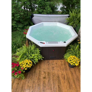 Canadian Spa Muskoka 5-Person 14-Jet Portable Plug & Play Hot Tub - White inside - Black outside - adjustable stainless steel hydrotherapy jets - Filled with water - Size: 74" x 74"x 29" - Outdoor setup - KH-10096 - Vital Hydrotherapy