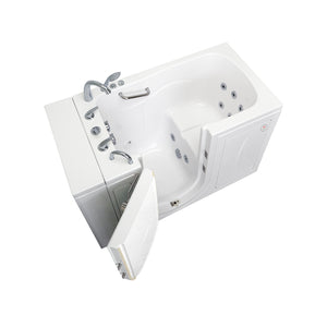 Ella Monaco 32"x52" Acrylic Hydro Massage Walk-In Bathtub with Left Outward Swing Door, 5 Piece Fast Fill Faucet, 2" Dual Drain 2 stainless steel grab bars, 23” wide seat in a white background.