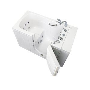 Ella Monaco 32"x52" Acrylic Hydro Massage Walk-In Bathtub with Right Outward Swing Door, 5 Piece Fast Fill Faucet, 2" Dual Drain 2 stainless steel grab bars, 23” wide seat in a white background.