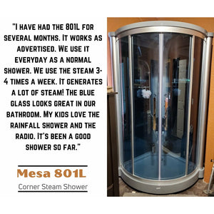 Mesa 801L Corner Steam Shower with blue glass review with image of steam shower installed in home