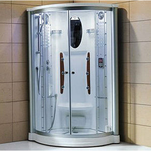 Mesa 801A Corner Steam Shower sliding glass doors with a center-mounted bench seat, adjustable handheld shower head, anti-fog mirror, and a blue LED lighting