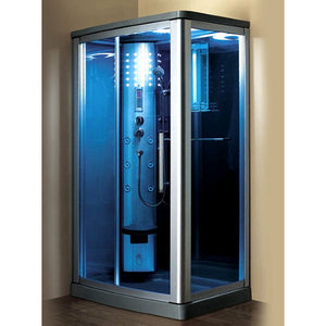 Mesa 802L Steam Shower tempered blue glass, nickel interior control panel with adjustable handheld shower head, foldable corner seat, towel bar, and a blue LED lighting