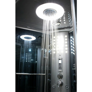 Mesa 802L Steam Shower with blue glass rainfall shower head, FM Radio Built-In and a blue LED lighting