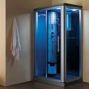 Mesa 802L Steam Shower tempered blue glass, nickel interior control panel with adjustable handheld shower head, foldable corner seat, towel bar, and a blue LED lighting left configuration