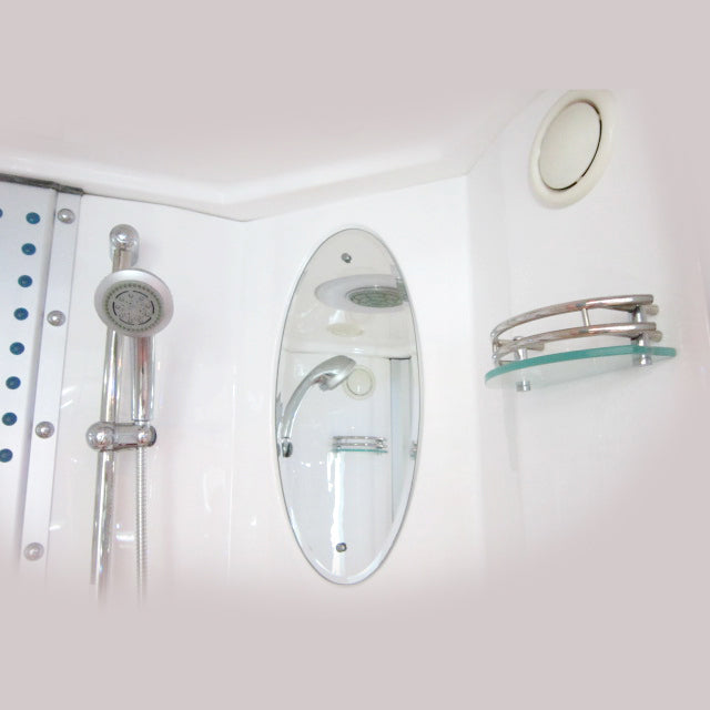 Mesa WS-803A Steam Shower with a mirror, a handheld shower and storage shelves 