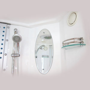 Mesa WS-803A Steam Shower with a mirror, a handheld shower and storage shelves 