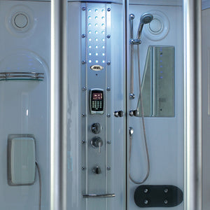 Mesa 807A Steam Shower with handheld showerhead, storage shelves, FM Radio Built-In, and a blue LED lighting
