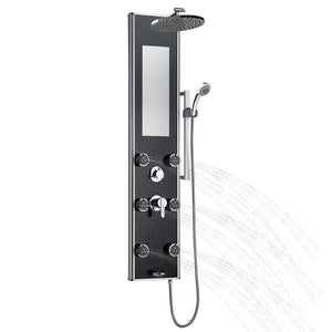PULSE ShowerSpas Black Glass Shower Panel - Leilani ShowerSpa - Anodized aluminum frame and chrome accents - with 6 Dual-function Select-A-Jets, Five-function hand shower with double-interlocking stainless steel hose and Slide bar, 8" Rain showerhead with soft tips, Brass diverter, mirror integrated into the glass panel and Tub spout/temperature tester - 1022-B - Vital Hydrotherapy