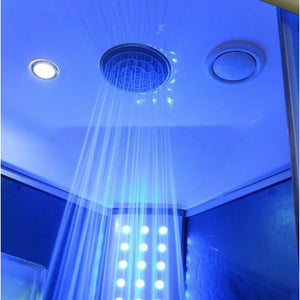 Mesa 9090K Corner Steam Shower - Blue Glass rainfall shower head and an overhead LED lighting