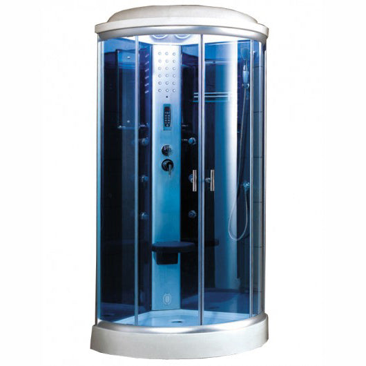 Mesa 9090K Corner Steam Shower tinted blue glass and a nickel interior control panel, chrome trim with a fold-up seat, adjustable handheld shower head, FM Radio Built-In, storage shelves and an overhead LED lighting