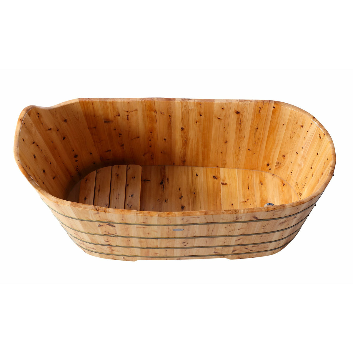 ALFI AB1103 59" Free Standing Cedar Wood Bathtub with Bench - four electroplated iron wraps and black and gold paint, polished chrome pop-up drain top view in a white background