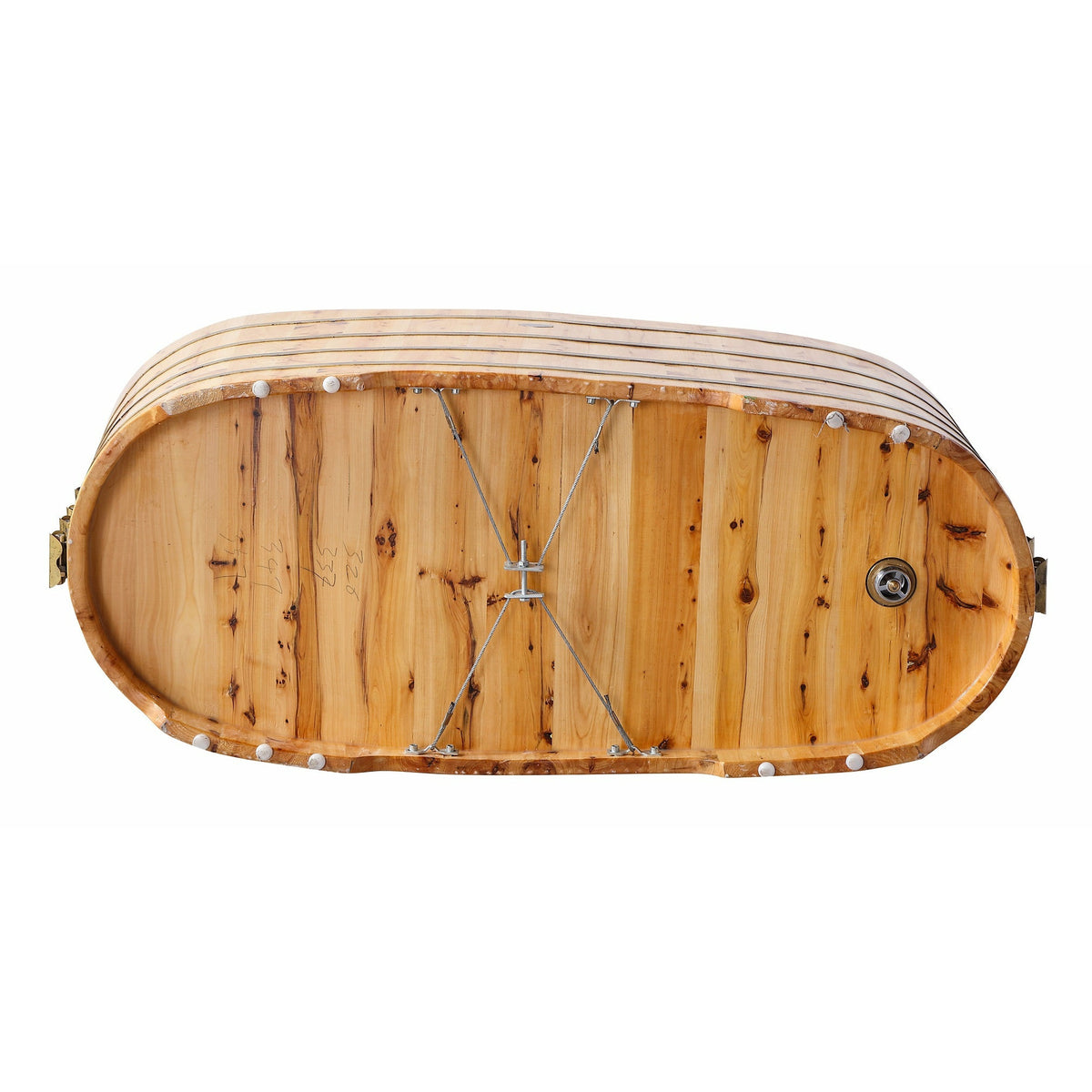 ALFI AB1103 59" Free Standing Cedar Wood Bathtub with Bench - four electroplated iron wraps and black and gold paint and polished chrome pop-up drain back bottom view in a white background