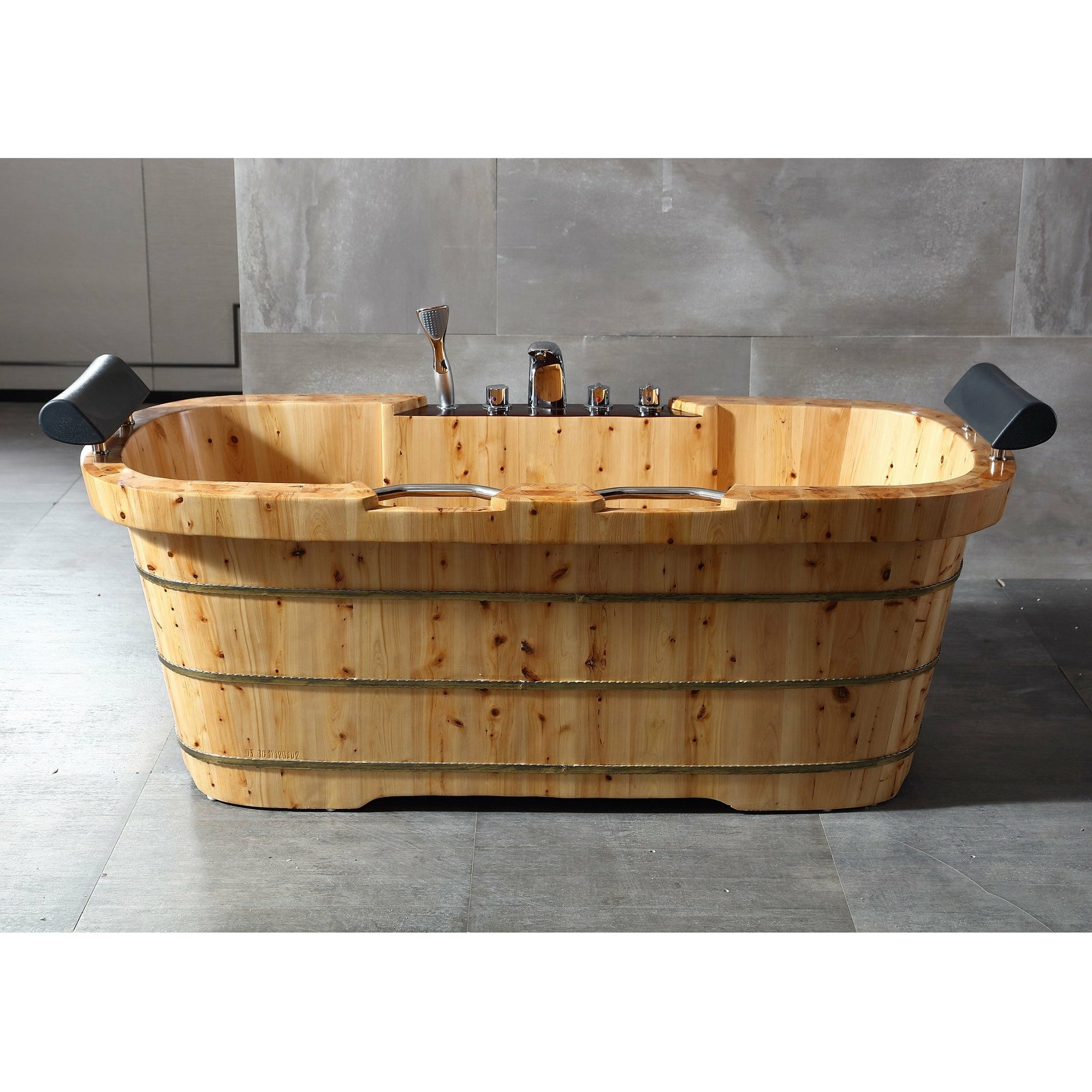 ALFI AB1130 65" 2 Person Free Standing Cedar Wooden Bathtub with Fixtures & Headrests - three electroplated iron wraps with with black and gold paint with Tub Filler, Hand Held Shower Head - 2 person capacity in a white background