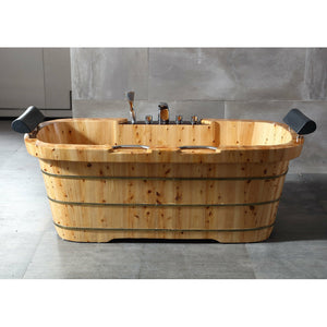 ALFI AB1130 65" 2 Person Free Standing Cedar Wooden Bathtub with Fixtures & Headrests - three electroplated iron wraps with with black and gold paint with Tub Filler, Hand Held Shower Head - 2 person capacity in the bathroom