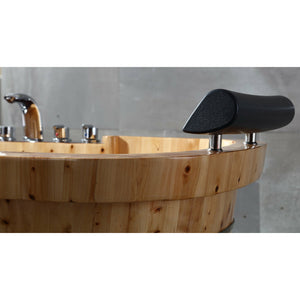 ALFI AB1130 65" 2 Person Free Standing Cedar Wooden Bathtub with Fixtures & Headrests - three electroplated iron wraps with black and gold paint with Tub Filler, Hand Held Shower Head close up view side in the bathroom