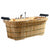 ALFI AB1130 65" 2 Person Free Standing Cedar Wooden Bathtub with Fixtures & Headrests - three electroplated iron wraps with with black and gold paint with Tub Filler, Hand Held Shower Head - 2 person capacity in a white background