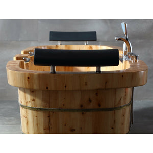 ALFI AB1130 65" 2 Person Free Standing Cedar Wooden Bathtub with Fixtures & Headrests - three electroplated iron wraps with with black and gold paint with Tub Filler, Hand Held Shower Head - 2 person capacity side view in the bathroom