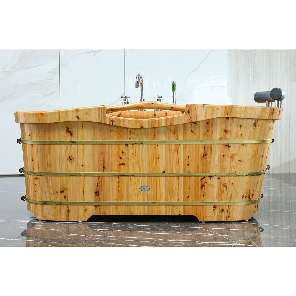 ALFI AB1136 61" Free Standing Cedar Wooden Bathtub with Chrome Tub Filler - three electroplated iron wraps with black and gold paint with polished chrome tub filler and handheld showerhead, headrest with chrome accents in the bathroom
