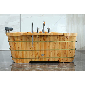 ALFI AB1136 61" Free Standing Cedar Wooden Bathtub with Chrome Tub Filler - three electroplated iron wraps with black and gold paint with polished chrome tub filler and handheld showerhead, headrest with chrome accents in the bathroom