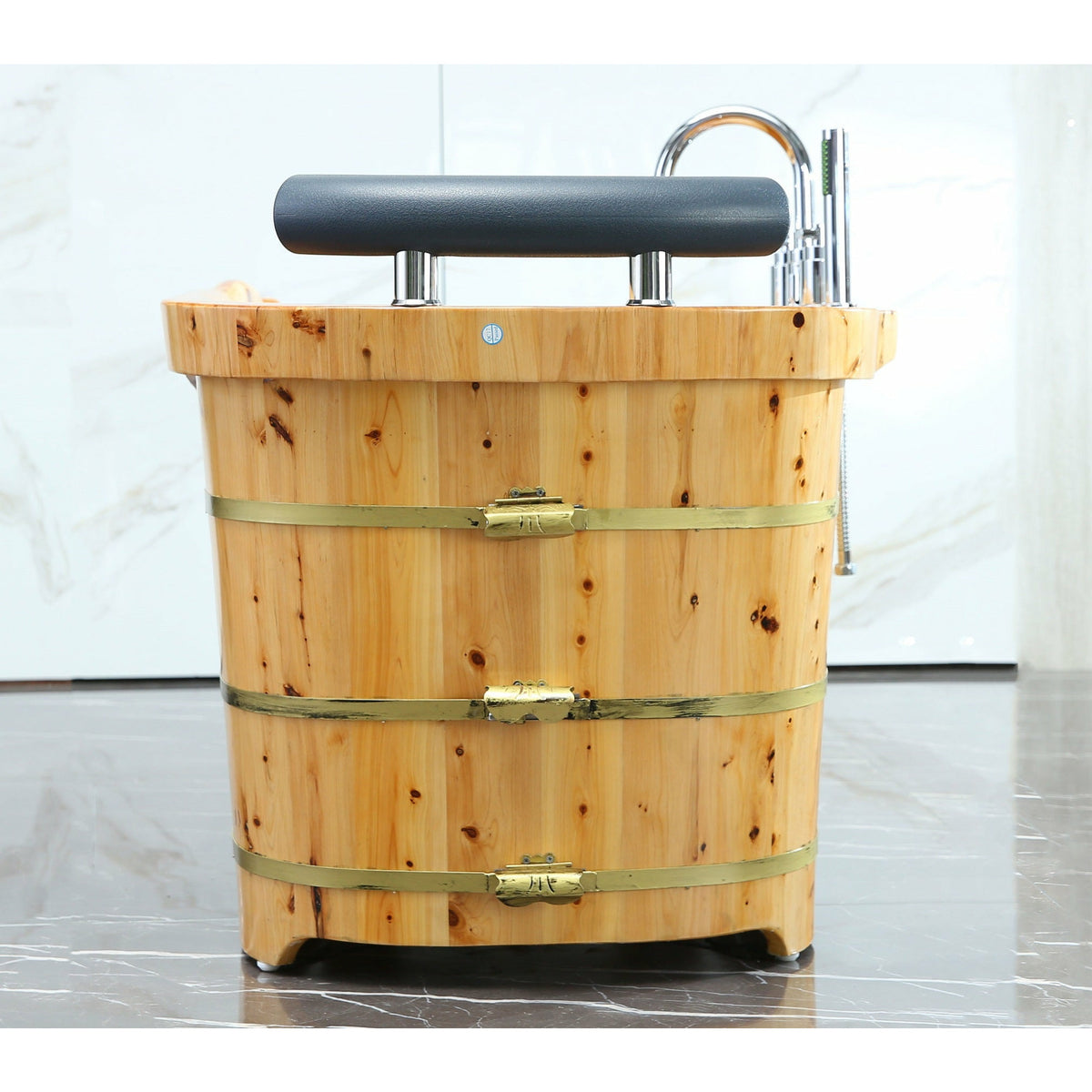 ALFI AB1136 61" Free Standing Cedar Wooden Bathtub with Chrome Tub Filler - three electroplated iron wraps with black and gold paint with polished chrome tub filler and handheld showerhead, headrest with chrome accents in the bathroom side view