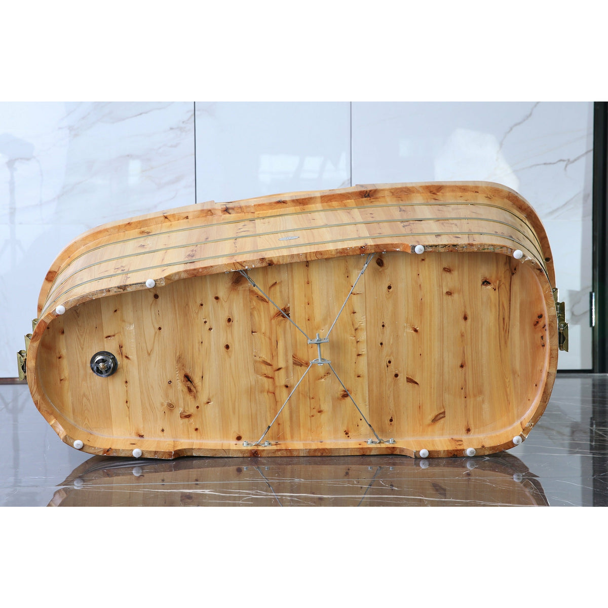 ALFI AB1136 61" Free Standing Cedar Wooden Bathtub with Chrome Tub Filler - three electroplated iron wraps with black and gold paint with polished chrome pop-up drain in the bathroom back bottom view