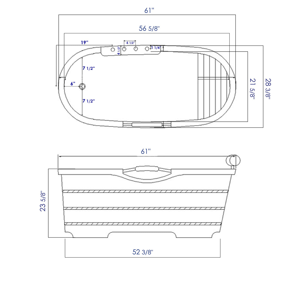 ALFI AB1136 61" Free Standing Cedar Wooden Bathtub dimension drawing